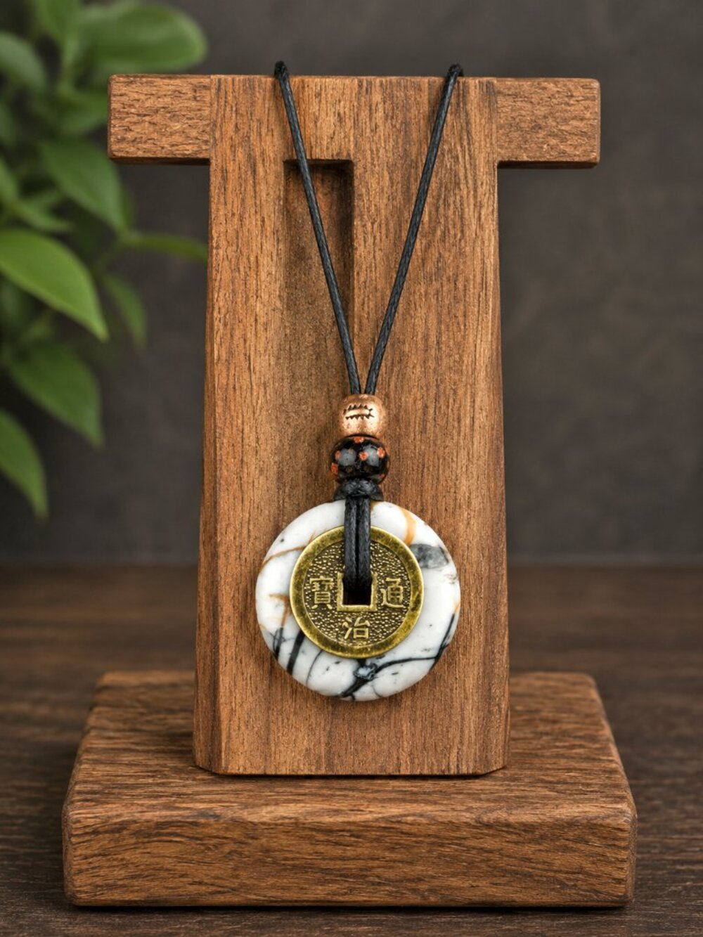 Picasso Jasper and Chinese Lucky Coin Pendant | Handmade - Picture 5 of 7